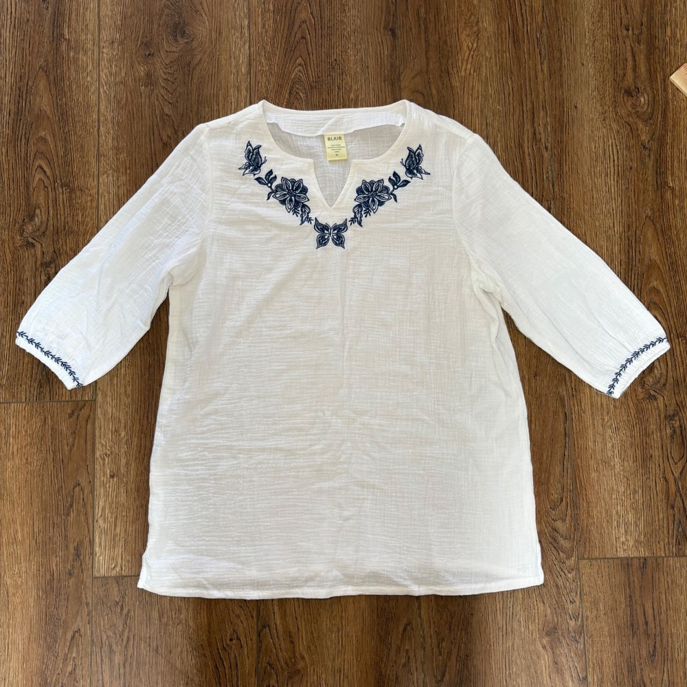 Blair Womens White Cotton Gauze Embroidered Butterfly Tunic Top 3/4 Sleeve M